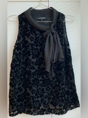 Vintage Black Floral Velvet Blouse with Tie-Neck
